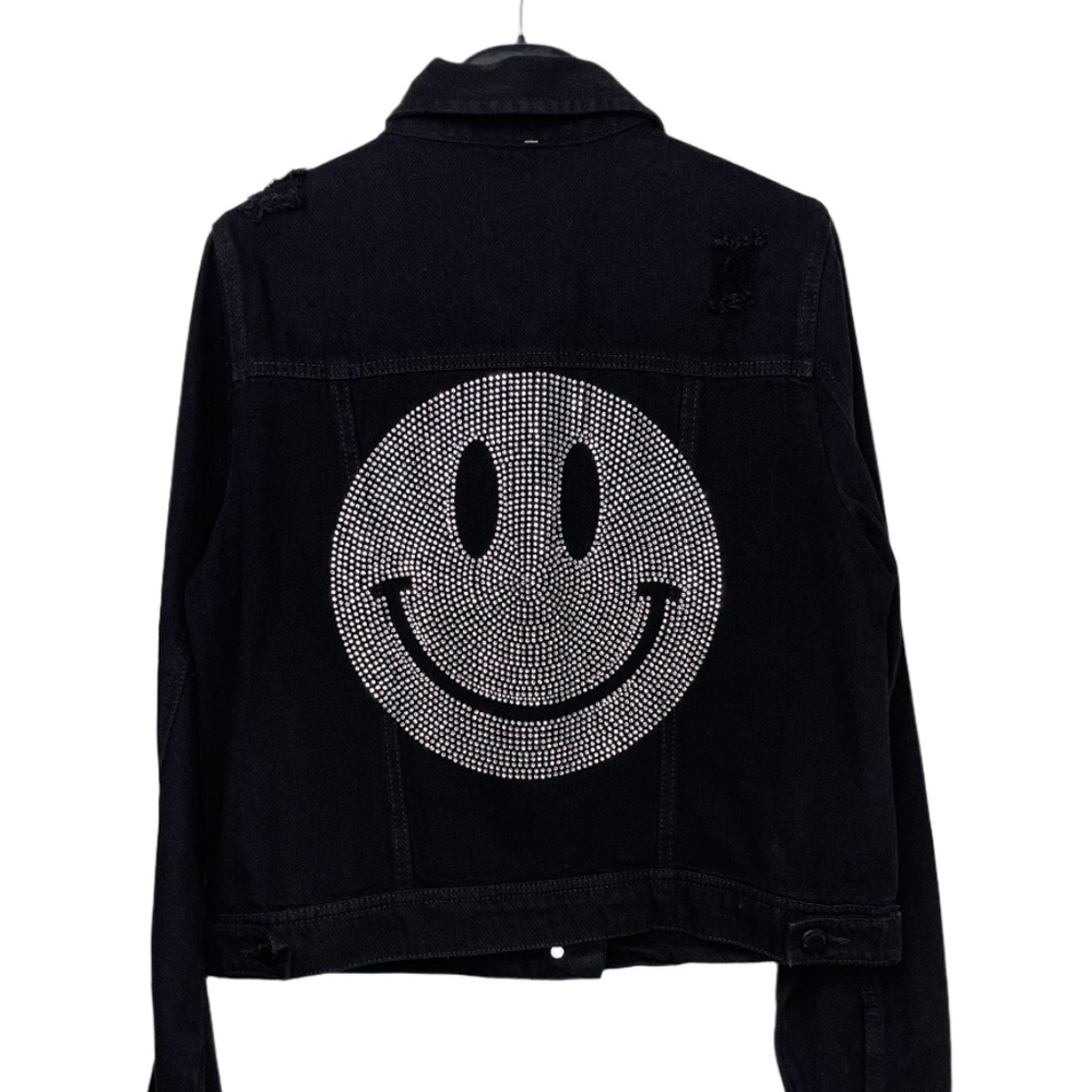 Black Denim Rhinestone Smiley Face